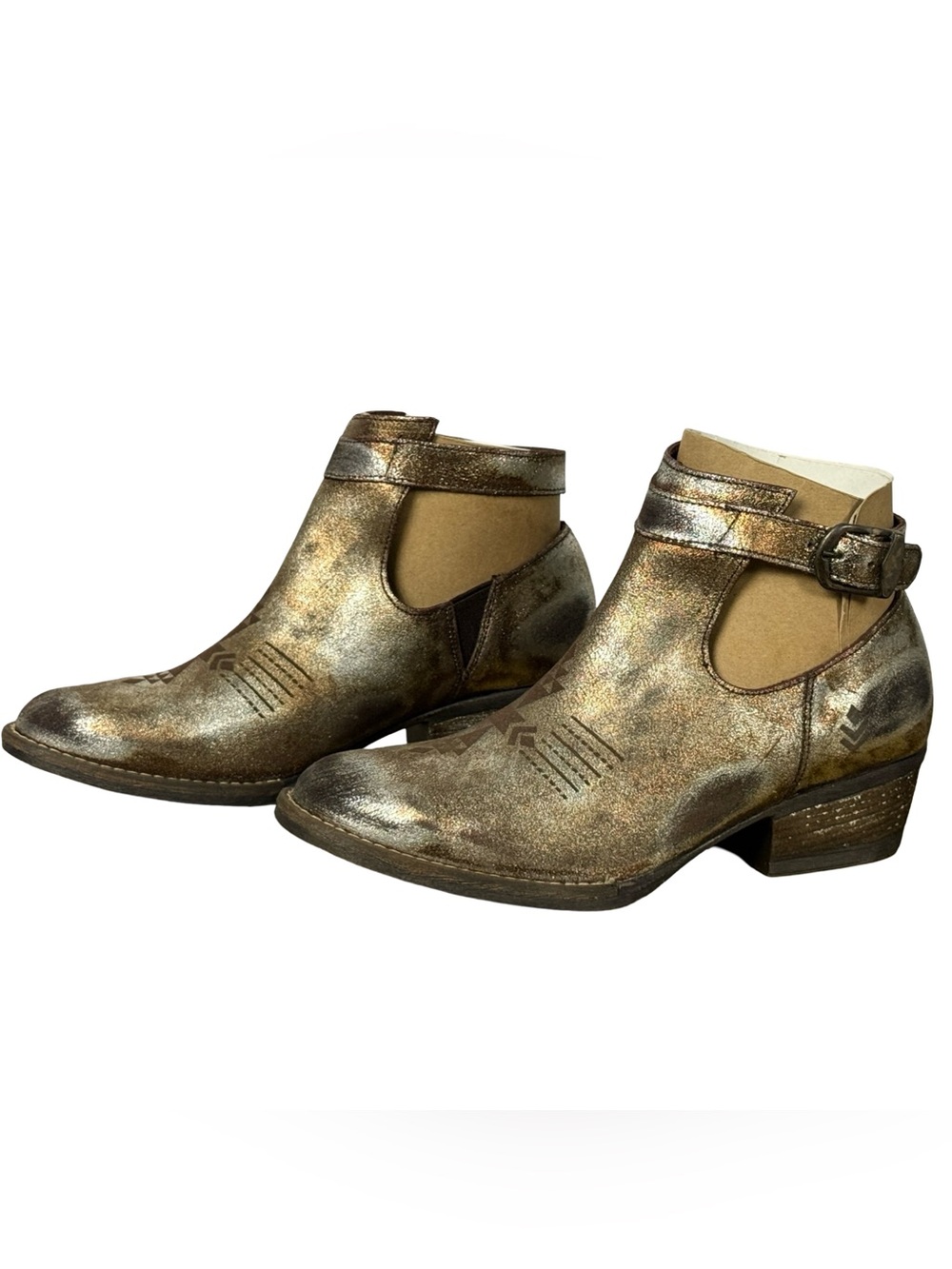 Sbicca Sound Bronze Metallic Distresed Leather Strap Bootie Western Size 8